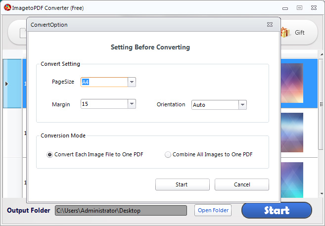 in advanced setting dialog, you can set page size, margin, orientation and conversion mode