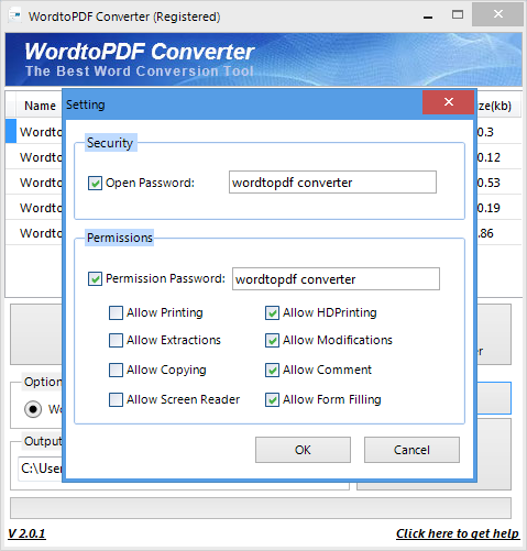 set password for newly created PDF files