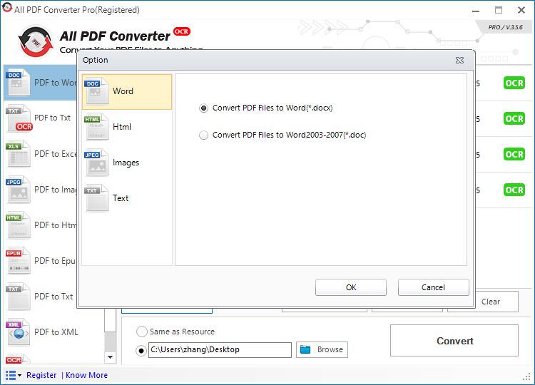 Select option to turn PDF files into Doc or Docx