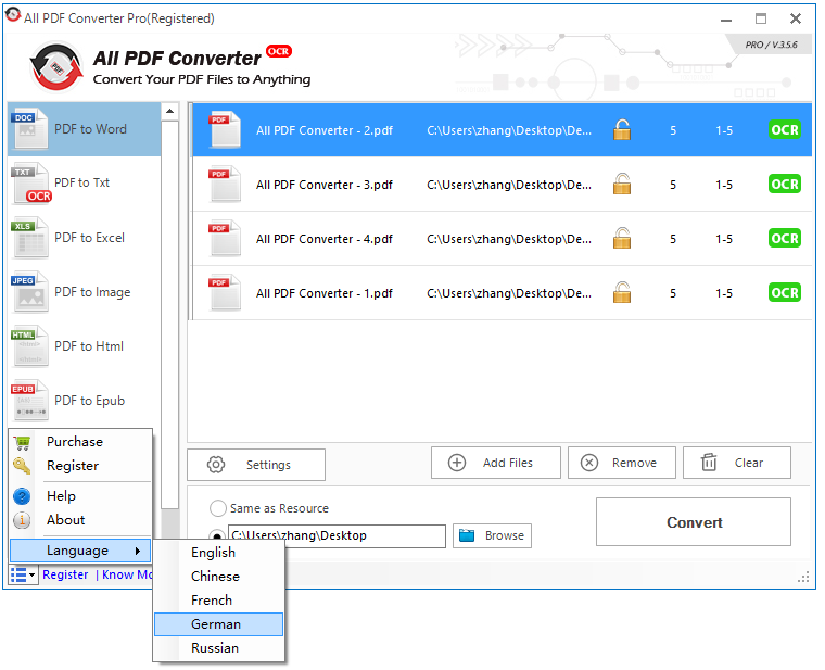 Easy to change the display languages of All PDF Converter for your convenience。