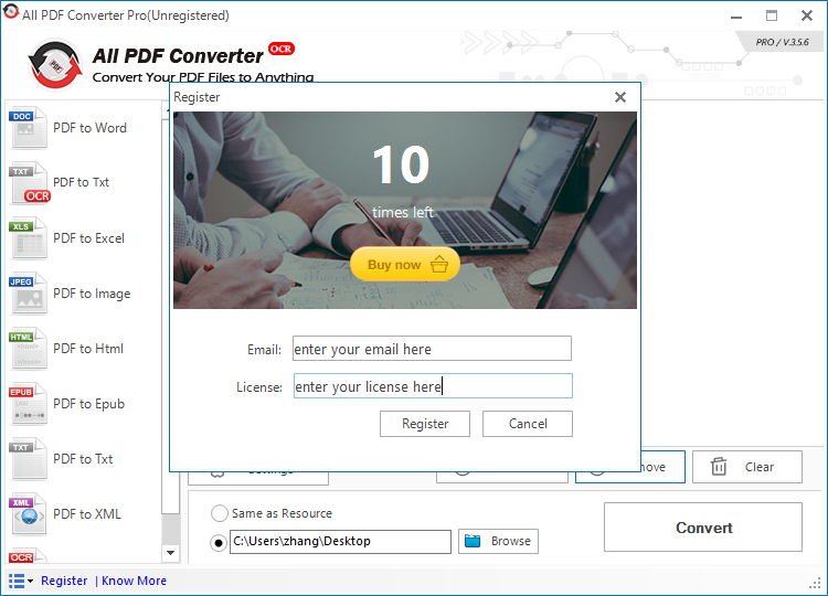 Enter email address and license key to activate All PDF Converter OCR