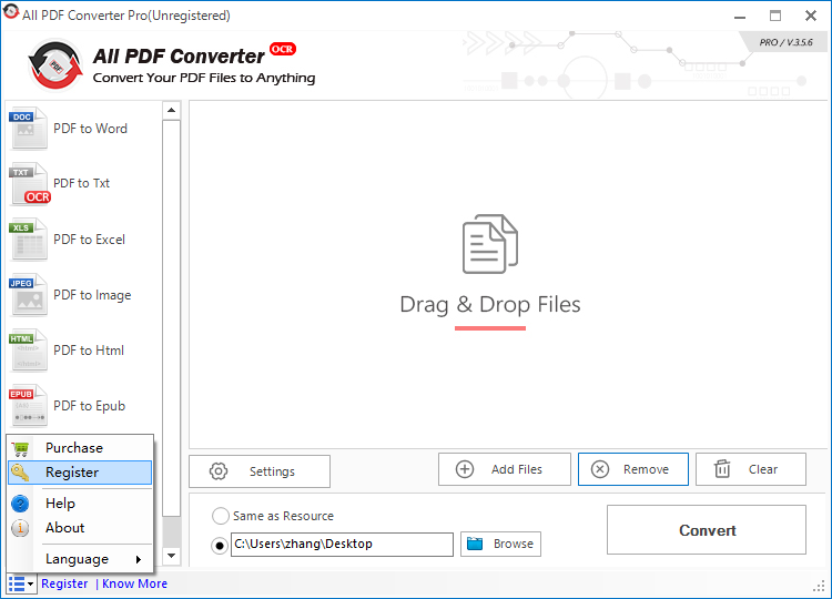 start to register All PDF Converter OCR